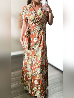 Easel Orange Floral Wrap Maxi Dress Boho Short Sleeve Tie Waist Size M Summer